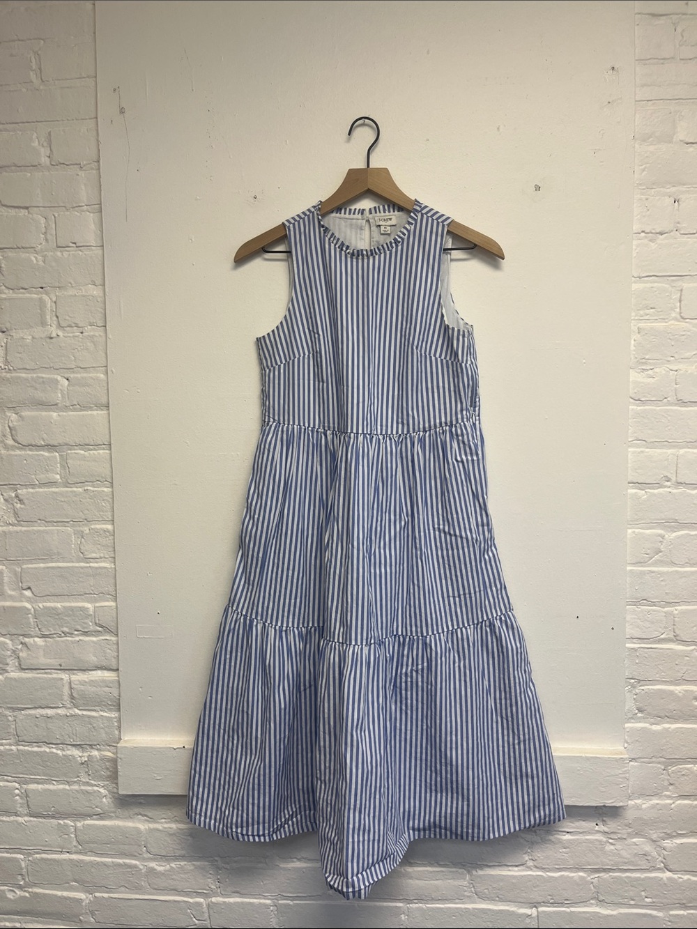 J. Crew Blue and White Striped Midi Tiered Dress - Picture 1 of 6